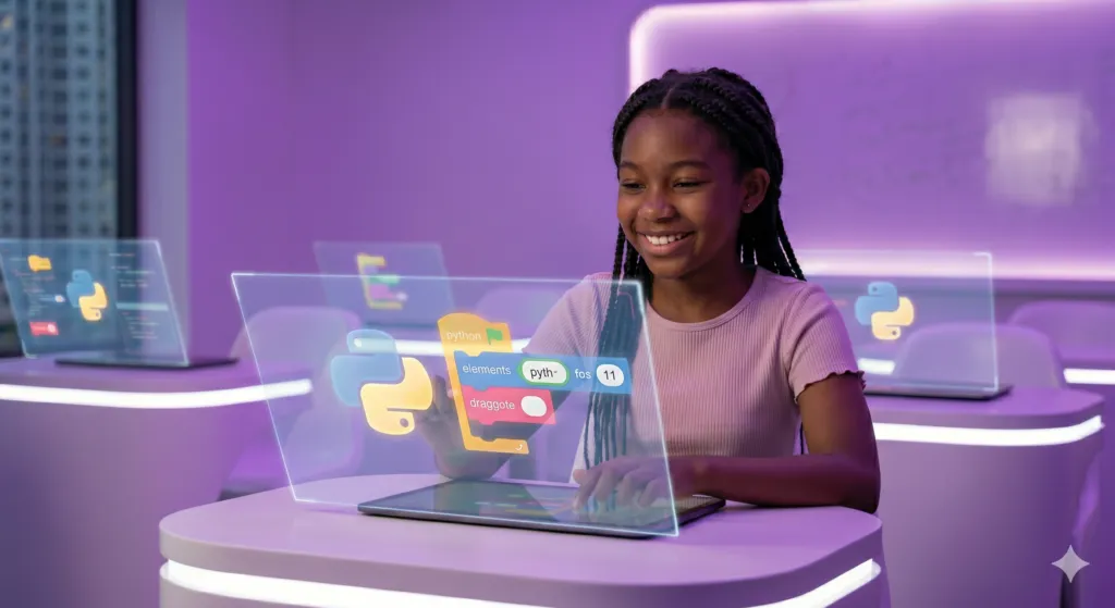 Child learning Python programming on a laptop